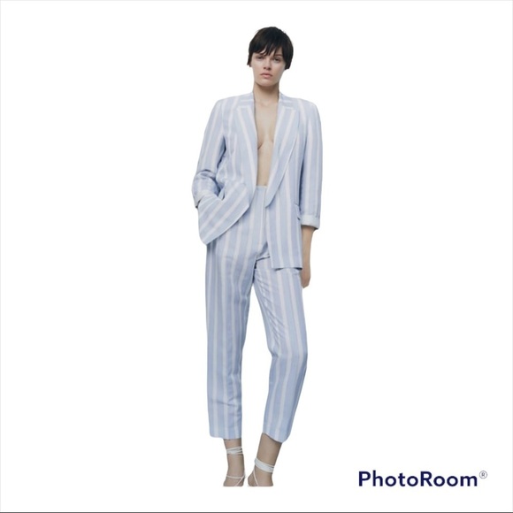 NWT ZARA Blue White Striped Linen Blend High Rise Cropped Trousers Size Medium - Picture 4 of 11